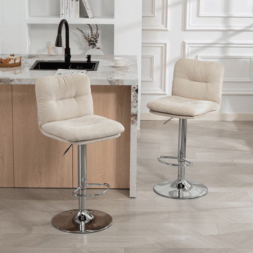 HOMCOM Conjunto de 2 Bancos de Bar Giratórios Bancos Altos de Cozinha Estofados em Linho com Altura Ajustável 64-86 cm Encosto Apoio para Pés Assento Almofadado e Base de Aço Bege
