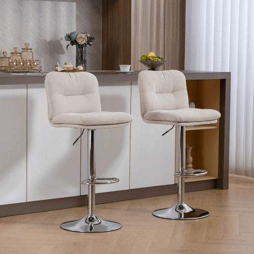 HOMCOM Conjunto de 2 Bancos de Bar Giratórios Bancos Altos de Cozinha Estofados em Linho com Altura Ajustável 64-86 cm Encosto Apoio para Pés Assento Almofadado e Base de Aço Bege