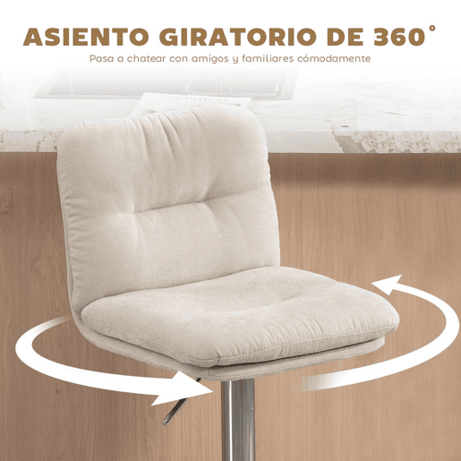 HOMCOM Conjunto de 2 Bancos de Bar Giratórios Bancos Altos de Cozinha Estofados em Linho com Altura Ajustável 64-86 cm Encosto Apoio para Pés Assento Almofadado e Base de Aço Bege