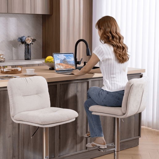 HOMCOM Conjunto de 2 Bancos de Bar Giratórios Bancos Altos de Cozinha Estofados em Linho com Altura Ajustável 64-86 cm Encosto Apoio para Pés Assento Almofadado e Base de Aço Bege