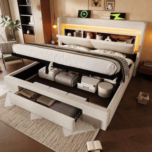 Cama de casal de linho 180x200 cm com armazenamento e luz led,bege