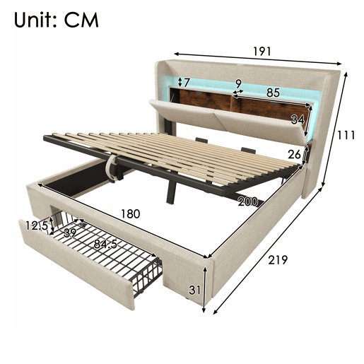 Cama de casal de linho 180x200 cm com armazenamento e luz led,bege