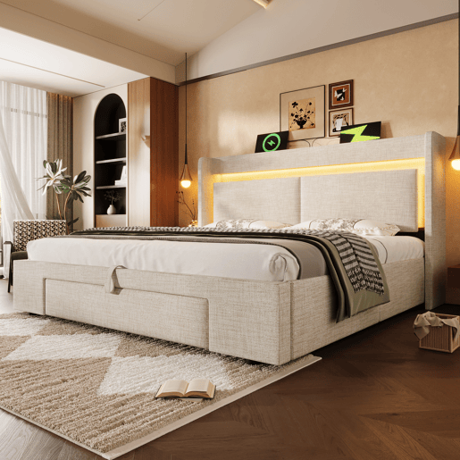 Cama de casal de linho 180x200 cm com armazenamento e luz led,bege