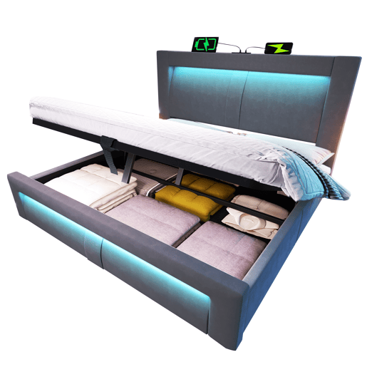 Cama de casal de veludo 180x200 cm com armazenamento e luz led,cinza