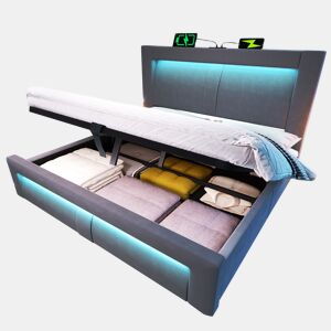 Cama de casal de veludo 180x200 cm com armazenamento e luz led,cinza