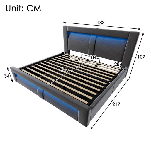 Cama de casal de veludo 180x200 cm com armazenamento e luz led,cinza