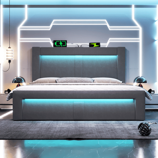 Cama de casal de veludo 180x200 cm com armazenamento e luz led,cinza
