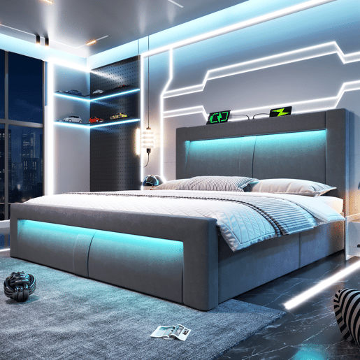 Cama de casal de veludo 180x200 cm com armazenamento e luz led,cinza