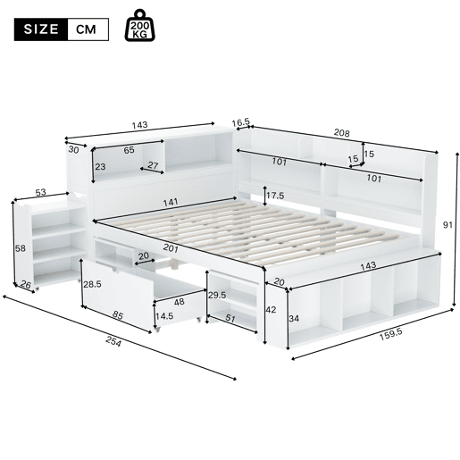 Cama juvenile,cama de casal de mdf 140x200 cm,branco