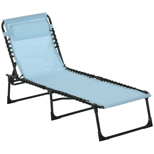 Outsunny Espreguiçadeira Dobrável Jardim Exterior Reclinável 4 Posições com Apoio de Cabeça e Estrutura em Aço Carga 120 kg para Terraço Piscina Praia 189x58x30 cm Azul Claro