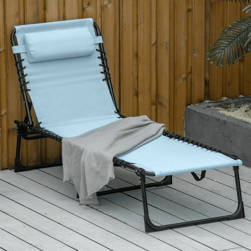 Outsunny Espreguiçadeira Dobrável Jardim Exterior Reclinável 4 Posições com Apoio de Cabeça e Estrutura em Aço Carga 120 kg para Terraço Piscina Praia 189x58x30 cm Azul Claro