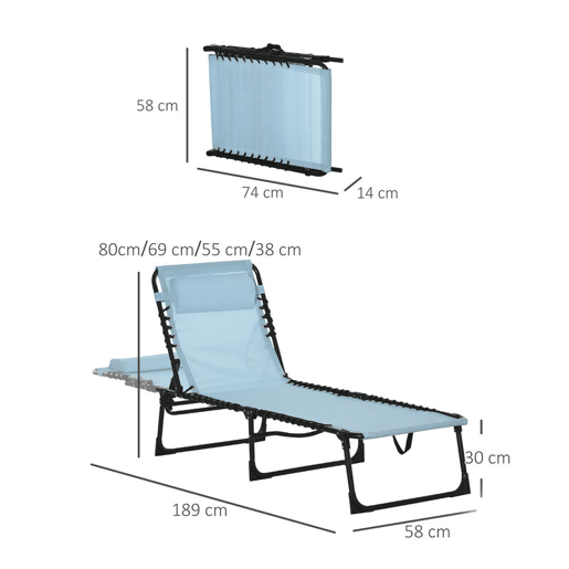 Outsunny Espreguiçadeira Dobrável Jardim Exterior Reclinável 4 Posições com Apoio de Cabeça e Estrutura em Aço Carga 120 kg para Terraço Piscina Praia 189x58x30 cm Azul Claro