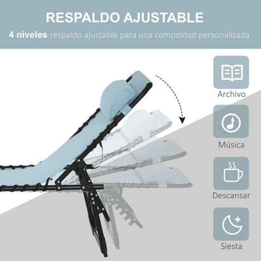Outsunny Espreguiçadeira Dobrável Jardim Exterior Reclinável 4 Posições com Apoio de Cabeça e Estrutura em Aço Carga 120 kg para Terraço Piscina Praia 189x58x30 cm Azul Claro