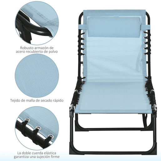 Outsunny Espreguiçadeira Dobrável Jardim Exterior Reclinável 4 Posições com Apoio de Cabeça e Estrutura em Aço Carga 120 kg para Terraço Piscina Praia 189x58x30 cm Azul Claro