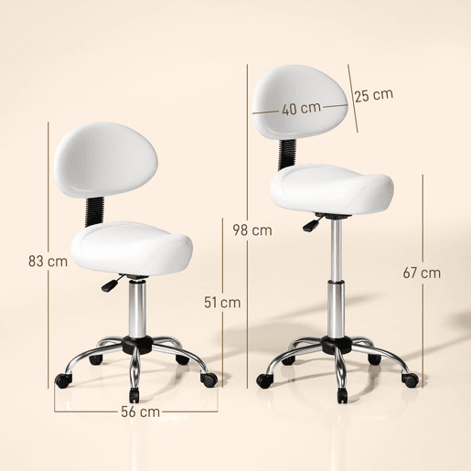 HOMCOM Banco Giratório Banco com Rodas e Encosto Amovível Banco de Trabalho com Altura Regulável 83-98 cm Assento Estofado em Couro Sintético Branco