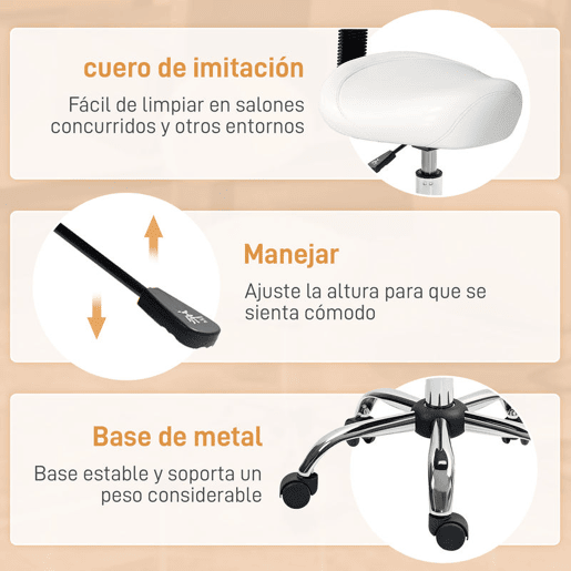 HOMCOM Banco Giratório Banco com Rodas e Encosto Amovível Banco de Trabalho com Altura Regulável 83-98 cm Assento Estofado em Couro Sintético Branco