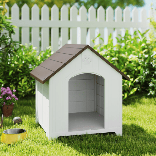 PawHut Casota para Cães de Exterior Casota para Cães Extragrandes em Plástico Impermeável com 2 Janelas Base Elevada Estacas Fácil de Montar 102x94x103 cm Castanho Escuro