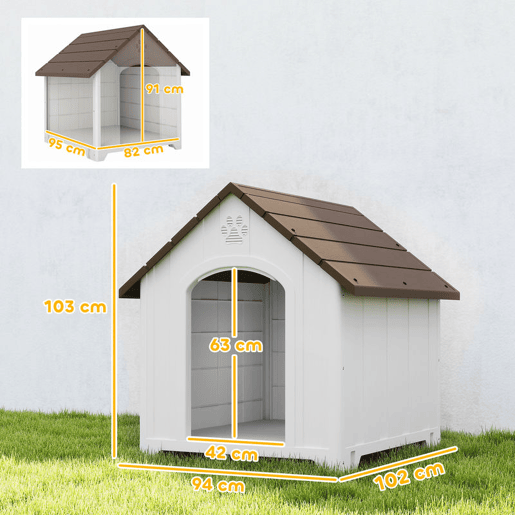 PawHut Casota para Cães de Exterior Casota para Cães Extragrandes em Plástico Impermeável com 2 Janelas Base Elevada Estacas Fácil de Montar 102x94x103 cm Castanho Escuro