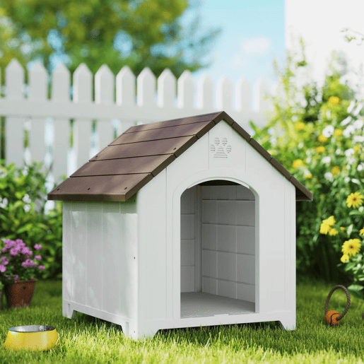 PawHut Casota para Cães de Exterior Casota para Cães Extragrandes em Plástico Impermeável com 2 Janelas Base Elevada Estacas Fácil de Montar 102x94x103 cm Castanho Escuro