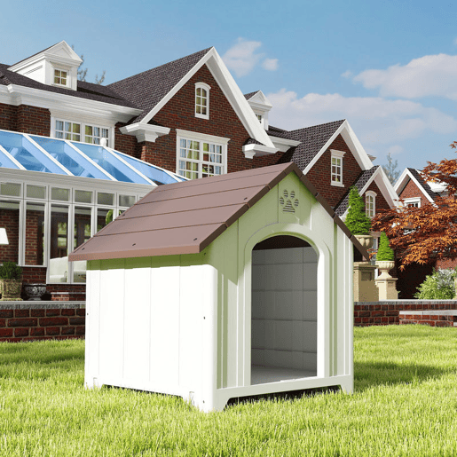 PawHut Casota para Cães de Exterior Casota para Cães Extragrandes em Plástico Impermeável com 2 Janelas Base Elevada Estacas Fácil de Montar 102x94x103 cm Castanho Escuro