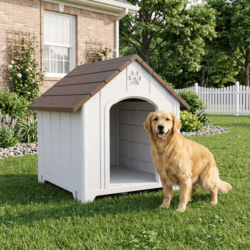 PawHut Casota para Cães de Exterior Casota para Cães Extragrandes em Plástico Impermeável com 2 Janelas Base Elevada Estacas Fácil de Montar 102x94x103 cm Castanho Escuro