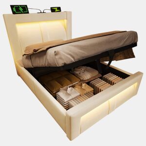 Cama de solteiro de veludo 90x200 cm com armazenamento e luz led,bege