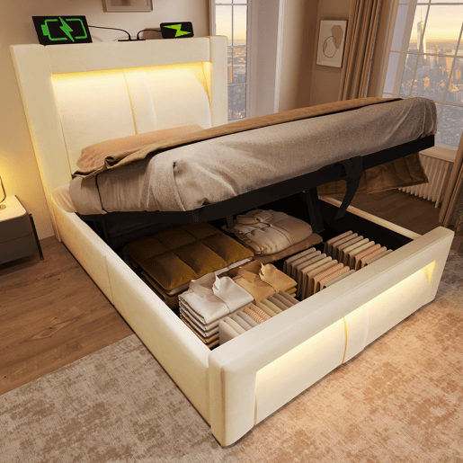 Cama de solteiro de veludo 90x200 cm com armazenamento e luz led,bege