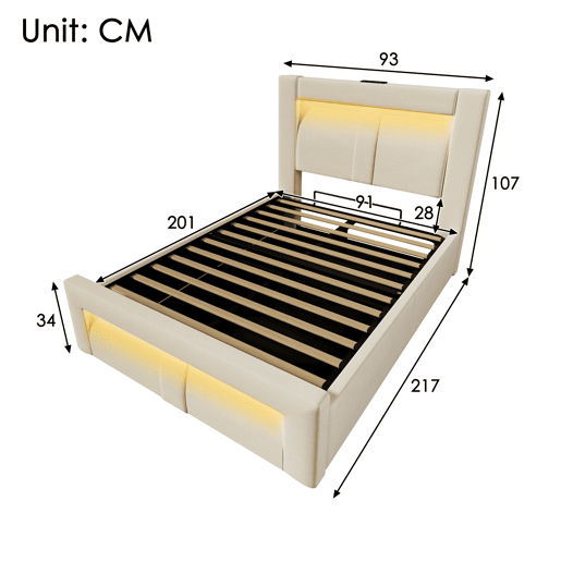 Cama de solteiro de veludo 90x200 cm com armazenamento e luz led,bege