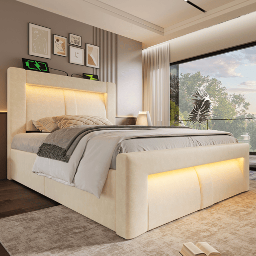 Cama de solteiro de veludo 90x200 cm com armazenamento e luz led,bege