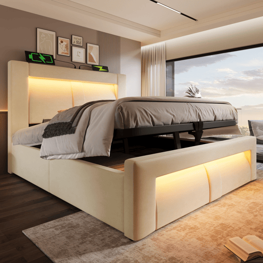 Cama de solteiro de veludo 90x200 cm com armazenamento e luz led,bege