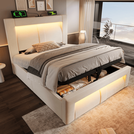 Cama de solteiro de veludo 90x200 cm com armazenamento e luz led,bege
