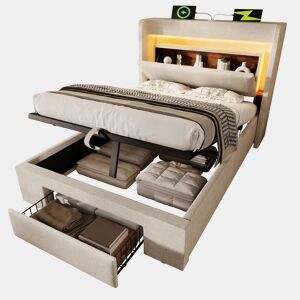 Cama de solteiro de linho 90x200 cm com armazenamento e luz led,bege