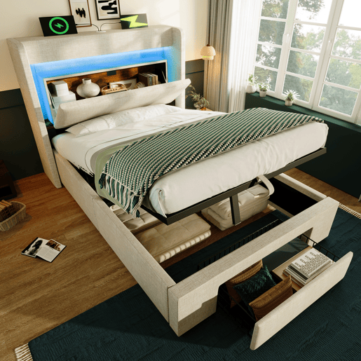 Cama de solteiro de linho 90x200 cm com armazenamento e luz led,bege