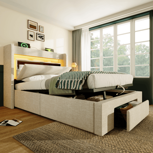 Cama de solteiro de linho 90x200 cm com armazenamento e luz led,bege