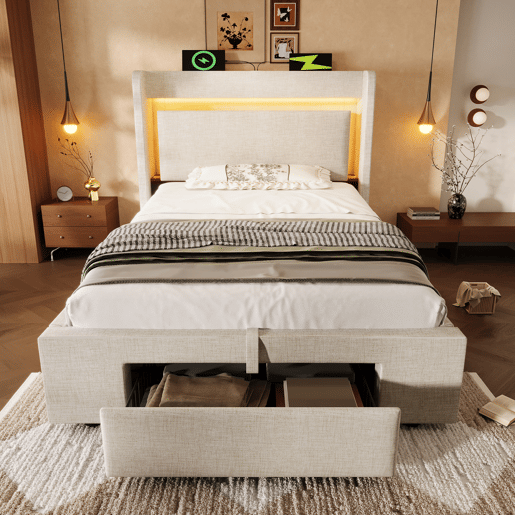 Cama de solteiro de linho 90x200 cm com armazenamento e luz led,bege