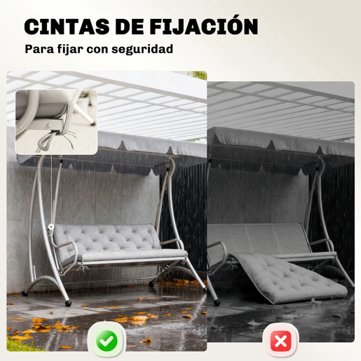 Outsunny Almofada para Banco de Jardim com Encosto 150x98x8 cm Colchão de Banco de 3 Lugares para Interior e Exterior com Enchimento Espesso e Fitas de Fixação para Baloiço, Terraço Varanda Cinza Claro