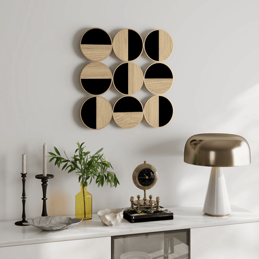 HOMCOM Quadro Decorativo de Parede Geométrico Decoração de Parede Moderno 3D 60x60 cm Quadro de Parede com Espelho de Plástico Estrutura Metálica Preto e Madeira