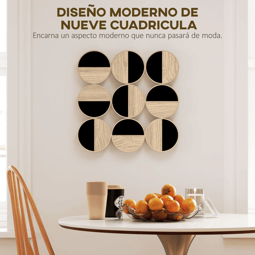HOMCOM Quadro Decorativo de Parede Geométrico Decoração de Parede Moderno 3D 60x60 cm Quadro de Parede com Espelho de Plástico Estrutura Metálica Preto e Madeira