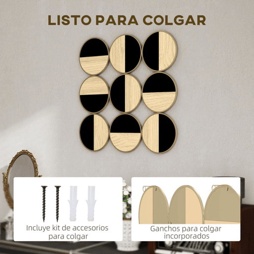 HOMCOM Quadro Decorativo de Parede Geométrico Decoração de Parede Moderno 3D 60x60 cm Quadro de Parede com Espelho de Plástico Estrutura Metálica Preto e Madeira