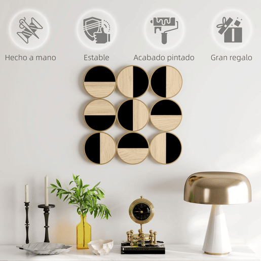HOMCOM Quadro Decorativo de Parede Geométrico Decoração de Parede Moderno 3D 60x60 cm Quadro de Parede com Espelho de Plástico Estrutura Metálica Preto e Madeira