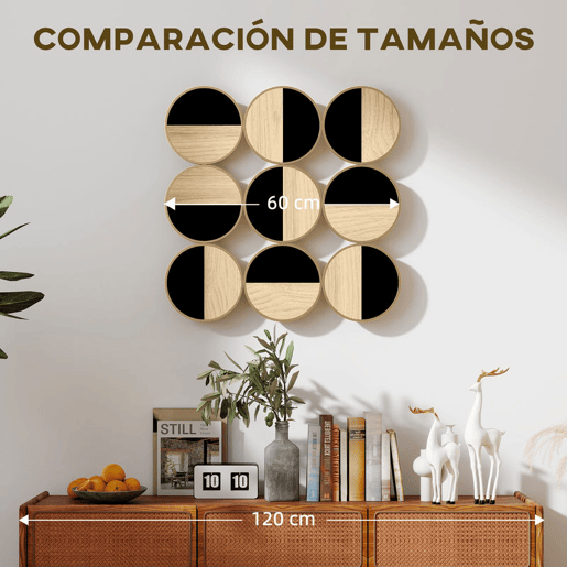 HOMCOM Quadro Decorativo de Parede Geométrico Decoração de Parede Moderno 3D 60x60 cm Quadro de Parede com Espelho de Plástico Estrutura Metálica Preto e Madeira