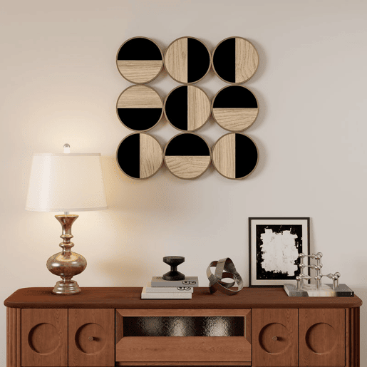 HOMCOM Quadro Decorativo de Parede Geométrico Decoração de Parede Moderno 3D 60x60 cm Quadro de Parede com Espelho de Plástico Estrutura Metálica Preto e Madeira