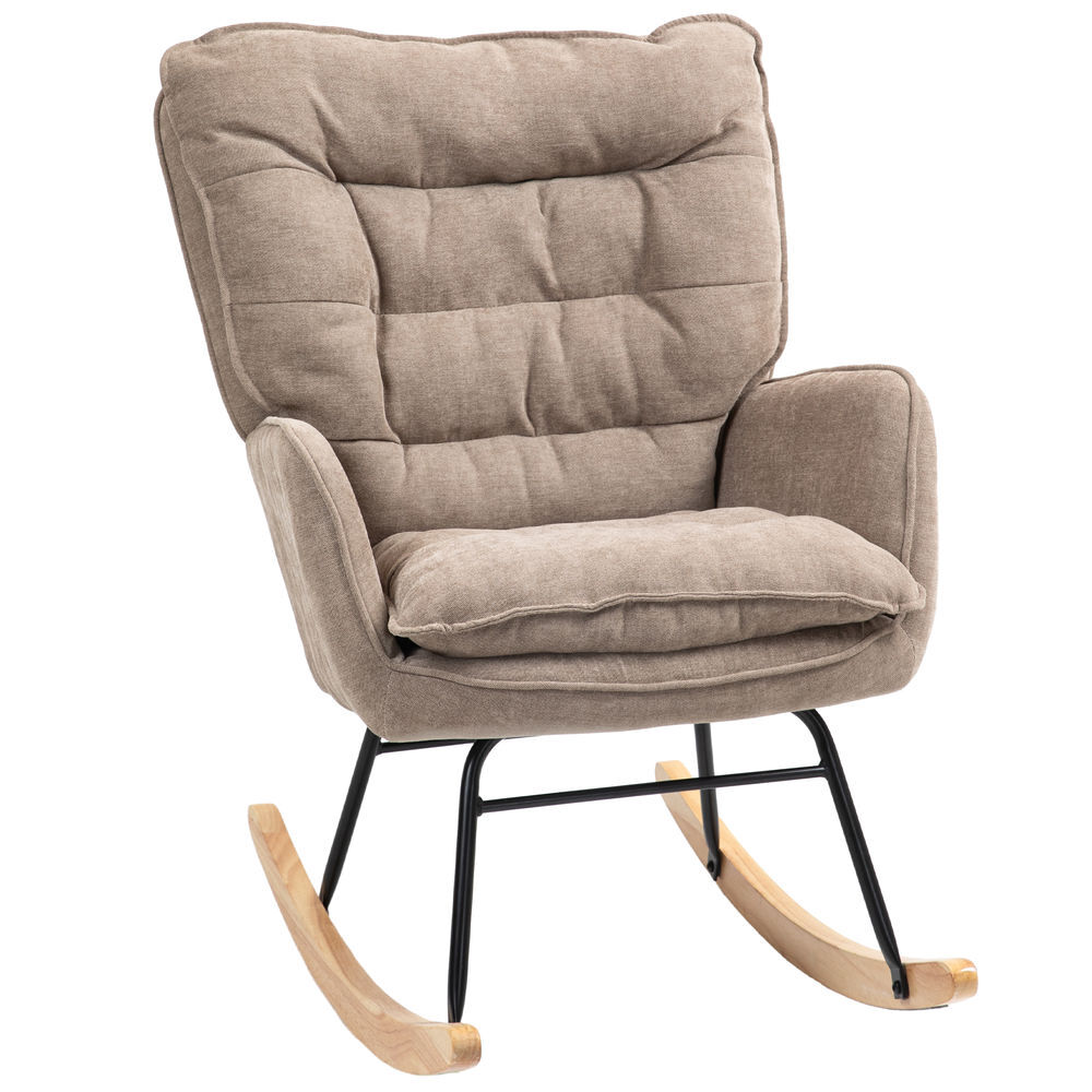 Homcom silla mecedora moderna, mecedora tapizada en chenilla, sillón de lactancia con respaldo ancho, acolchado grueso, patas de madera, reposabrazos, para dormitorio, salón, marrón