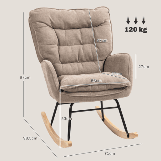 HOMCOM Poltrona de Baloiço Moderna Estofada em Chenilha Poltrona de Lactância com Encosto Largo Acolchoamento Espesso Pernas de Madeira Apoios de Braço 71x98,5x97 cm Castanho