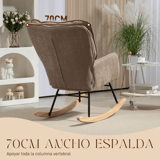 HOMCOM Poltrona de Baloiço Moderna Estofada em Chenilha Poltrona de Lactância com Encosto Largo Acolchoamento Espesso Pernas de Madeira Apoios de Braço 71x98,5x97 cm Castanho