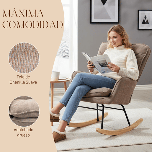 HOMCOM Poltrona de Baloiço Moderna Estofada em Chenilha Poltrona de Lactância com Encosto Largo Acolchoamento Espesso Pernas de Madeira Apoios de Braço 71x98,5x97 cm Castanho