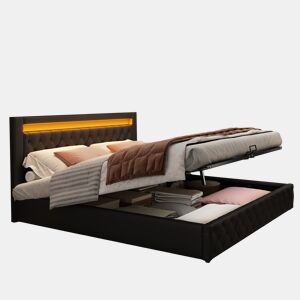 Cama de casal de pu 140x190 cm com armazenamento e luz led,preto
