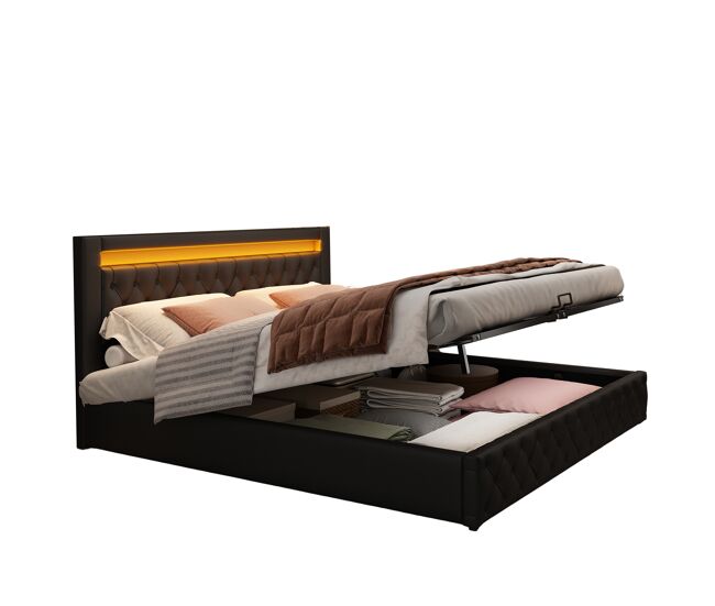 Cama de matrimonio de pu 140x190 cm con almacenaje y luz led,negro