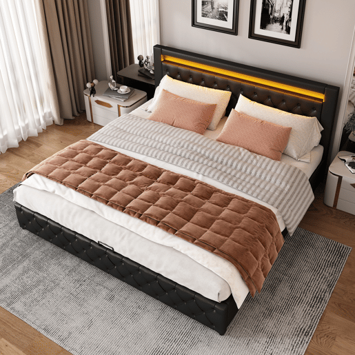 Cama de casal de pu 140x190 cm com armazenamento e luz led,preto