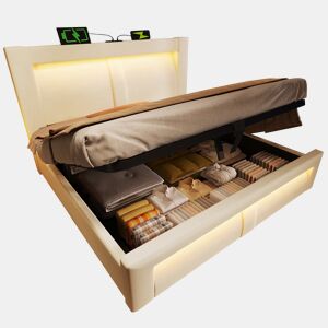 Cama de casal de veludo 160x200 cm com armazenamento e luz led,bege